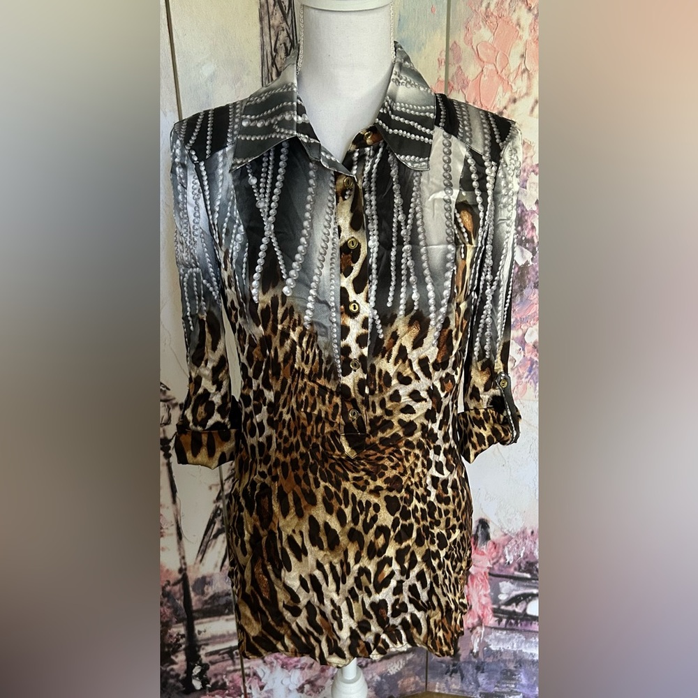 Cache - Silk Animal Print Button-Up Tunic Top. Size S